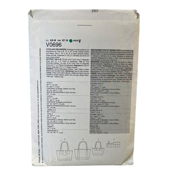 VOGUE V0696 Totes Organizer Tote Bag Accessory ONE SIZE Early 2000s - Picture 2 of 2